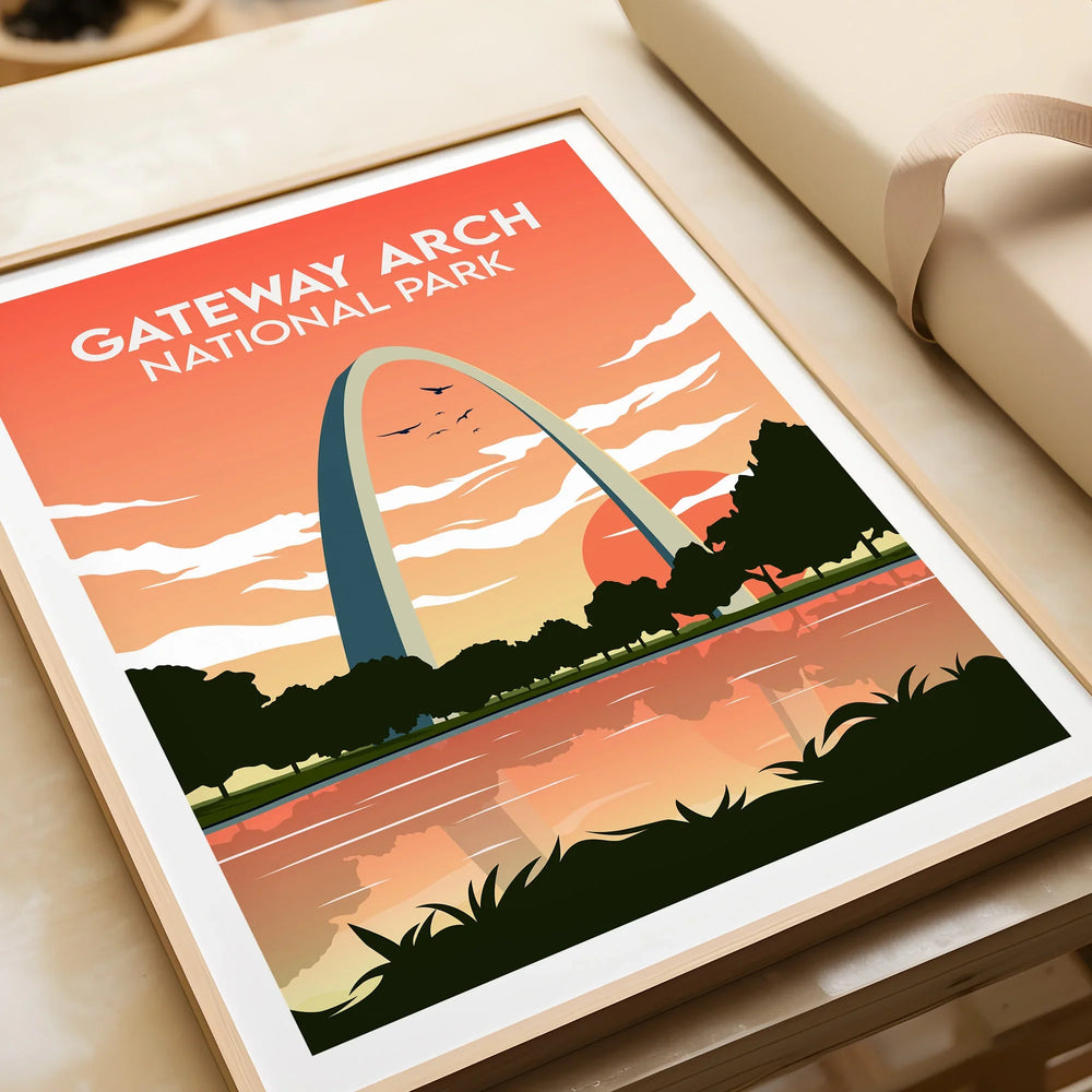 Framed Gateway Arch National Park art print with sunset colors and nature scene