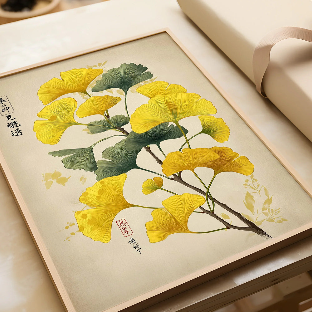 Framed art print with yellow and green ginkgo leaves, unwrapped as a decorative wall art.