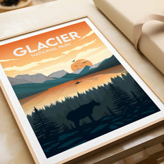 Framed Glacier National Park art print with sunset, mountains, forest, and wildlife silhouette.