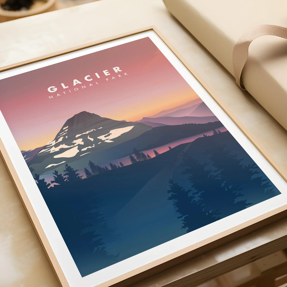 Framed Glacier National Park art print with sunset mountain landscape, unwrapped as a gift