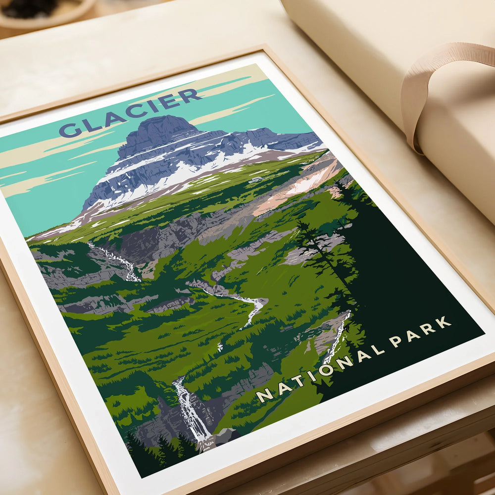 Glacier National Park art print in natural wood frame, mountain and forest landscape closeup