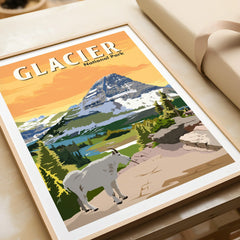 Glacier National Park framed art print featuring a mountain goat and scenic landscape