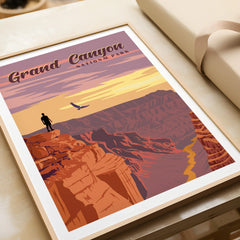 Framed Grand Canyon National Park art print with sunset colors and silhouette on cliff