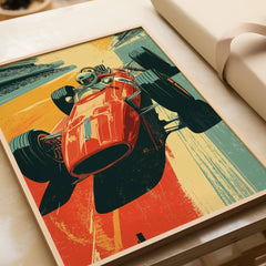 Framed art print of vintage red race car, closeup, unwrapped, retro motorsport wall art