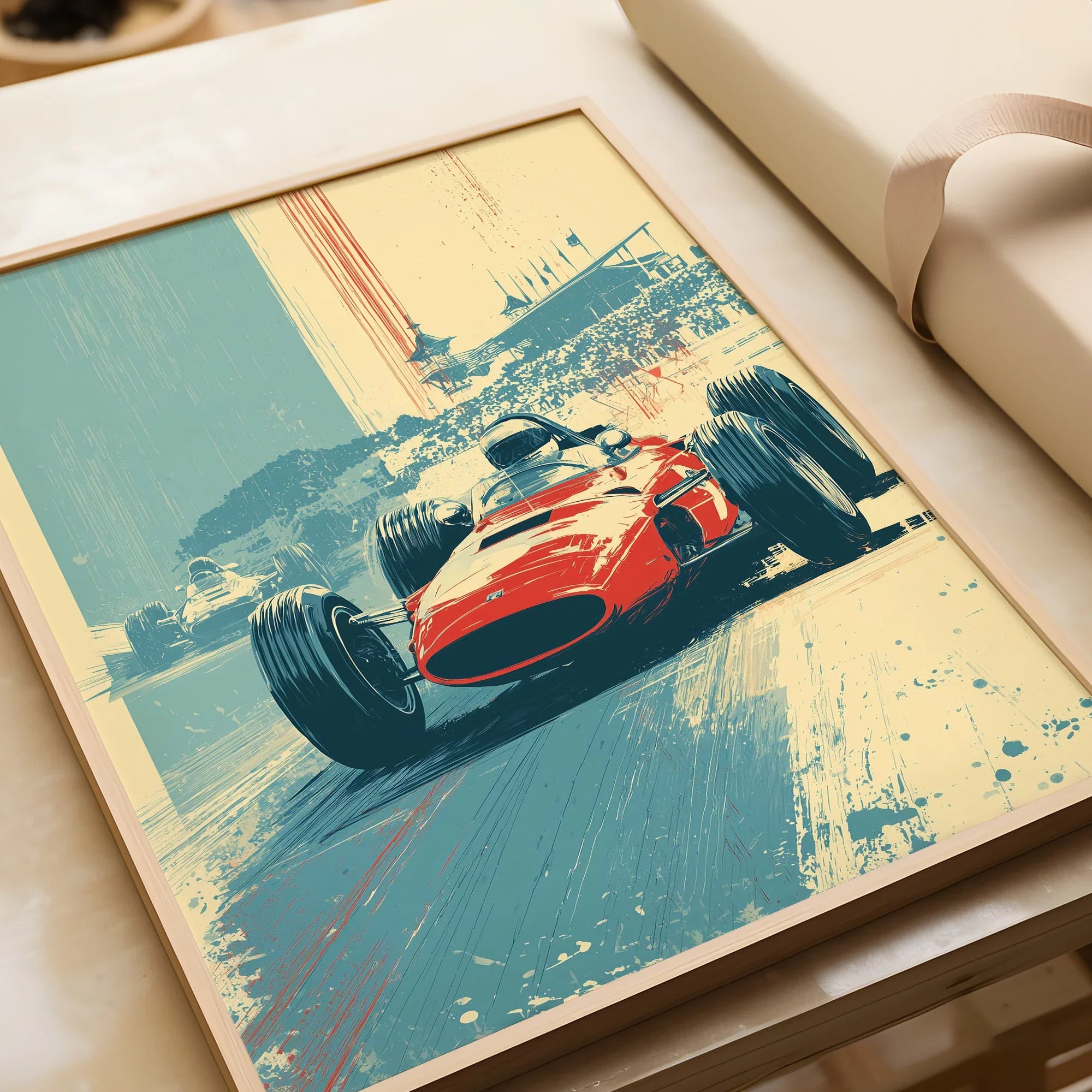 Framed vintage race car art print unwrapped, featuring a red grand prix car on a racetrack