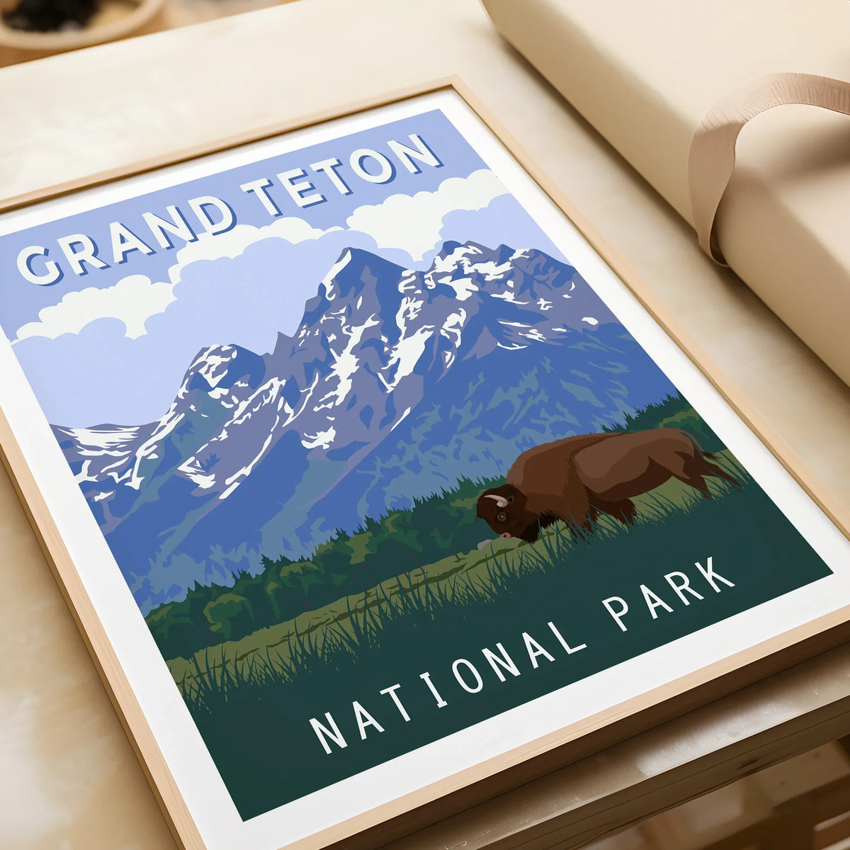 Grand Teton National Park framed art print with bison and mountain landscape.