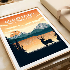 Grand Teton National Park art print with mountains, lake, and deer in natural wood frame