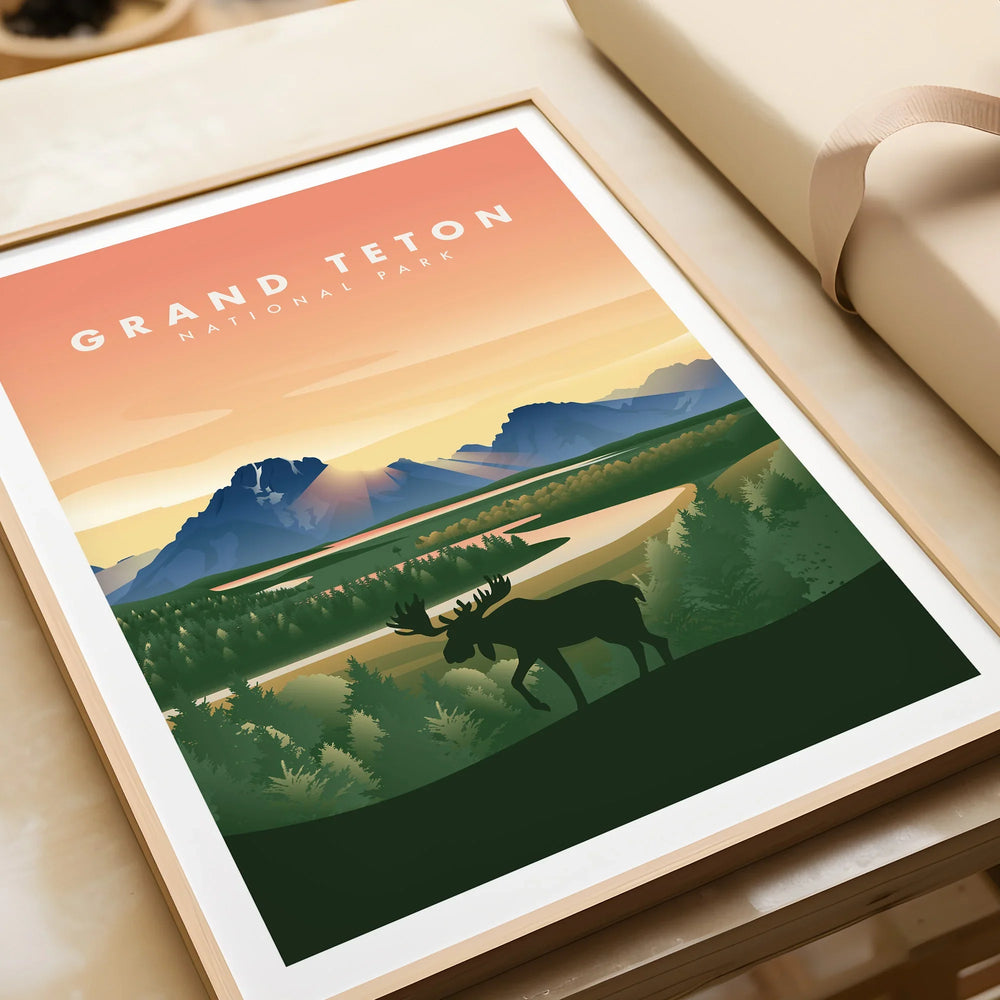 Framed Grand Teton National Park art print with moose silhouette and mountain sunset