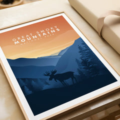 Framed Great Smoky Mountains National Park print with moose silhouette and sunset colors