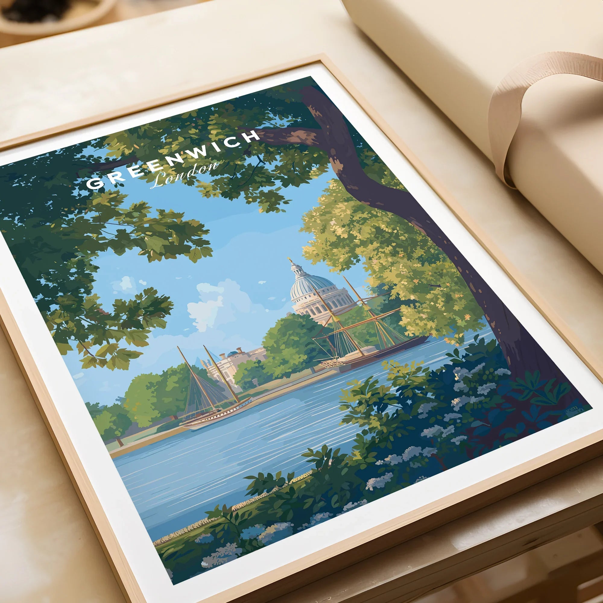 Greenwich London art print in natural wood frame, showing river, trees, and city skyline.