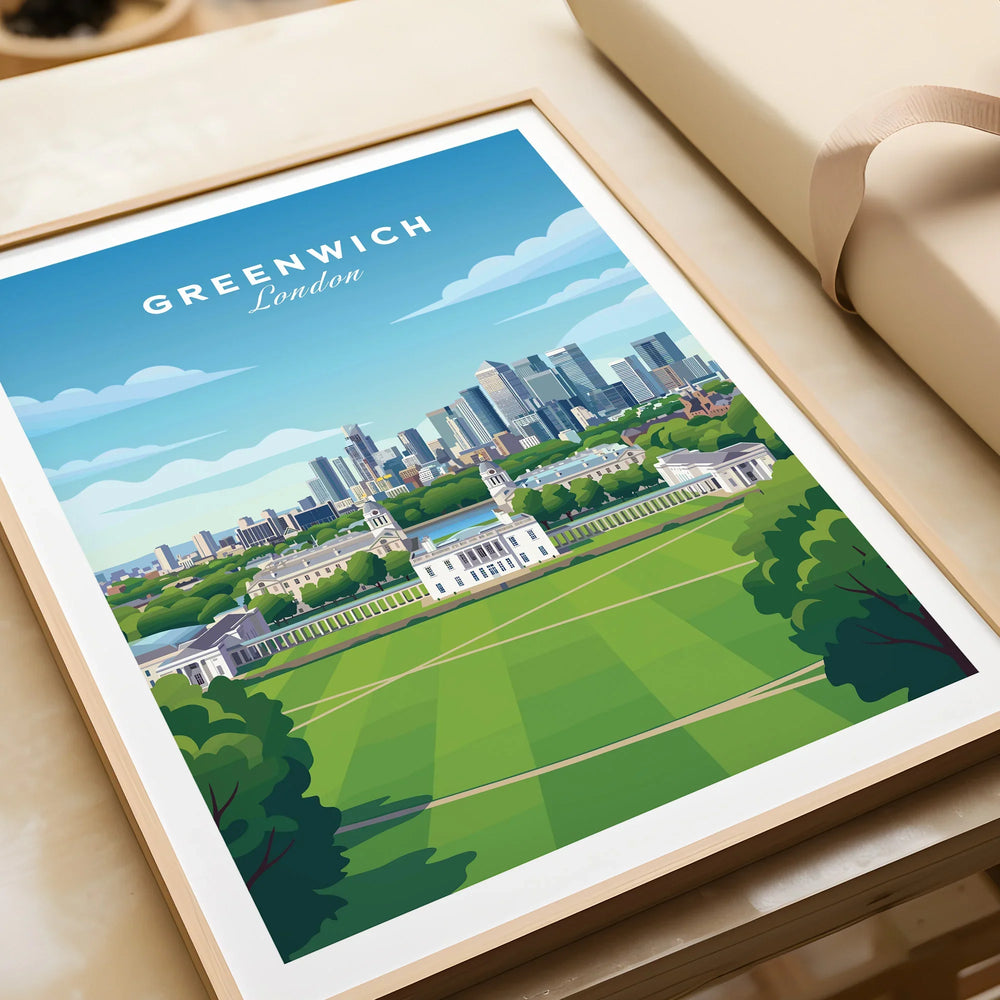 Framed Greenwich London travel poster print with city skyline and green park, unwrapped as a gift