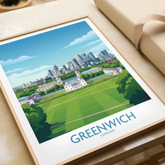 Greenwich London skyline art print in natural wood frame, close-up view, unwrapped gift
