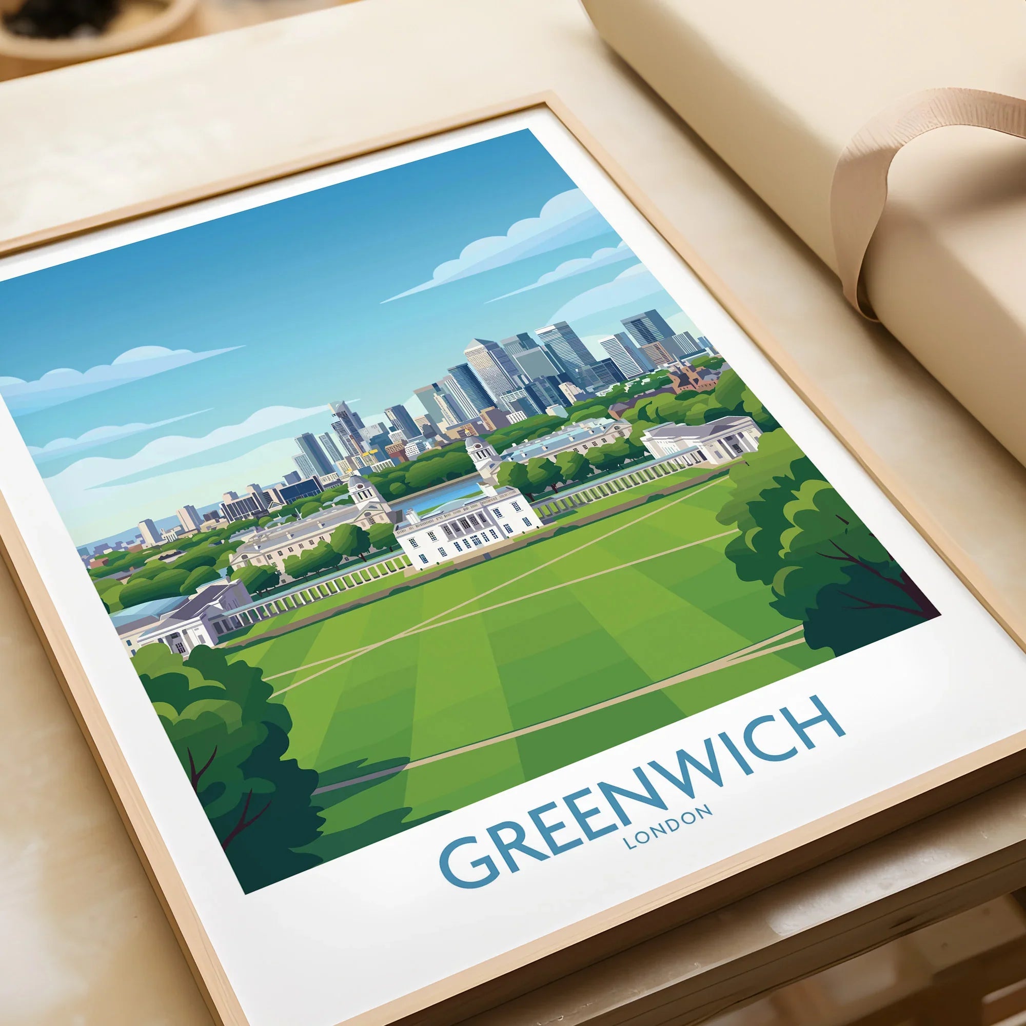 Greenwich London skyline art print in natural wood frame, close-up view, unwrapped gift