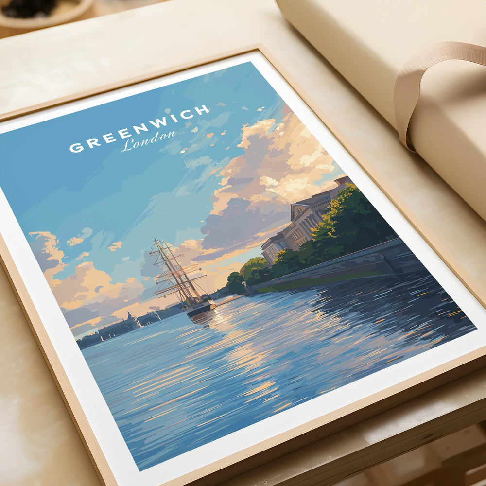 Framed Greenwich London travel poster art print with ship and sunset river scene.