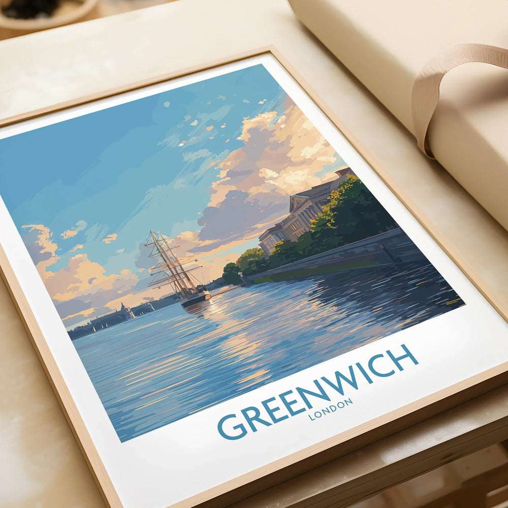 Framed Greenwich London art print with a sunset riverside scene and historic ship, unwrapped.