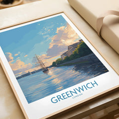 Framed Greenwich London art print with a sunset riverside scene and historic ship, unwrapped.