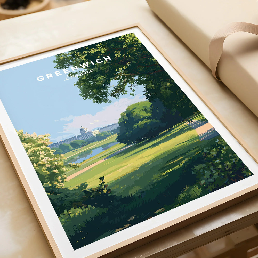 Framed Greenwich London travel art print with park and city view unwrapped on table