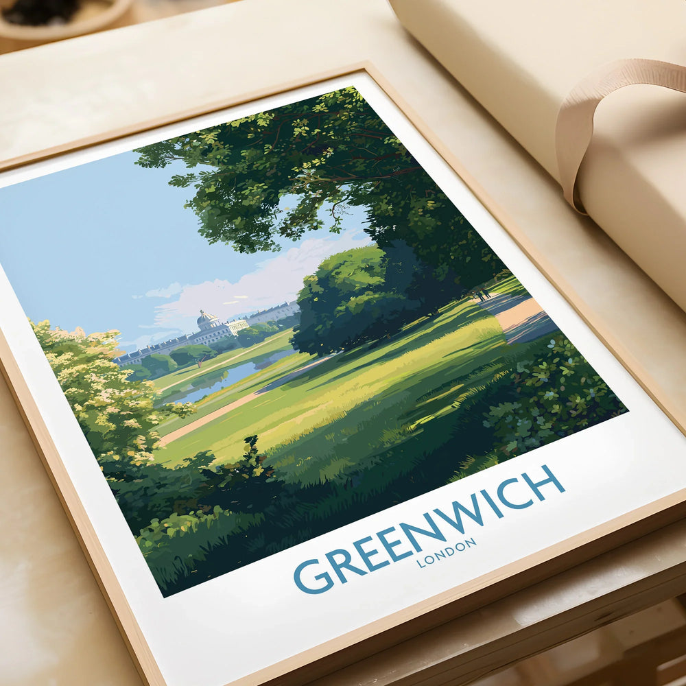 Framed Greenwich London travel poster art print with park landscape and gift wrap