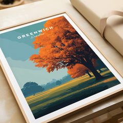 Framed Greenwich London art print closeup, featuring an autumn tree landscape
