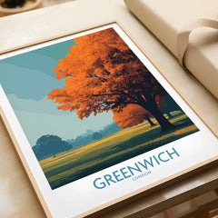 Framed Greenwich London art print featuring autumn park landscape with orange trees