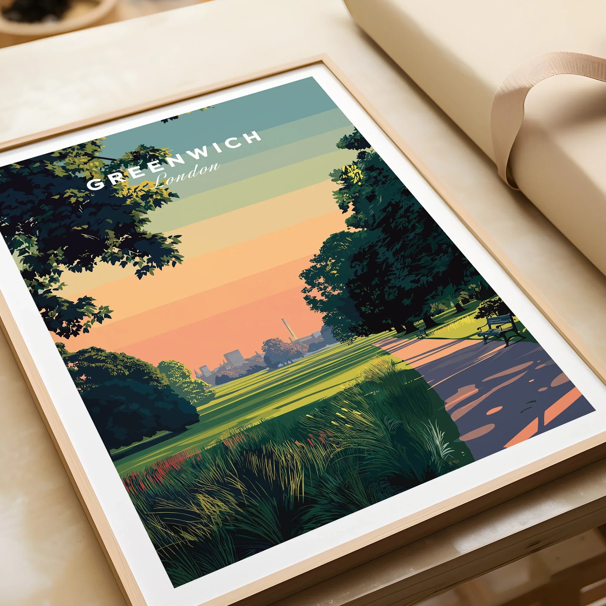 Framed Greenwich London art print with colorful sunset and park landscape, unwrapped gift