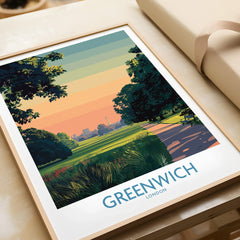 Greenwich London art print in natural wood frame, featuring a scenic park landscape at sunset.