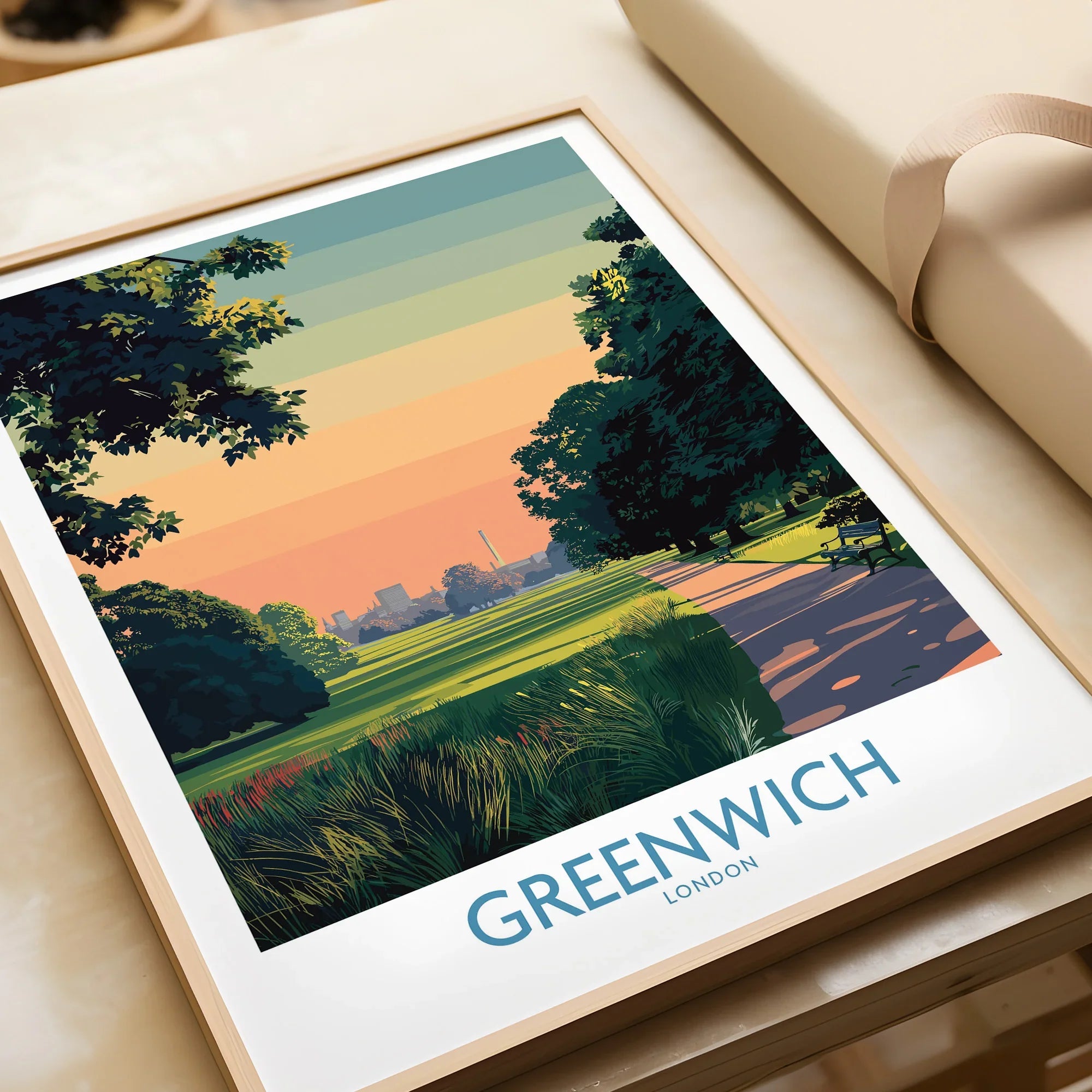 Greenwich London art print in natural wood frame, featuring a scenic park landscape at sunset.