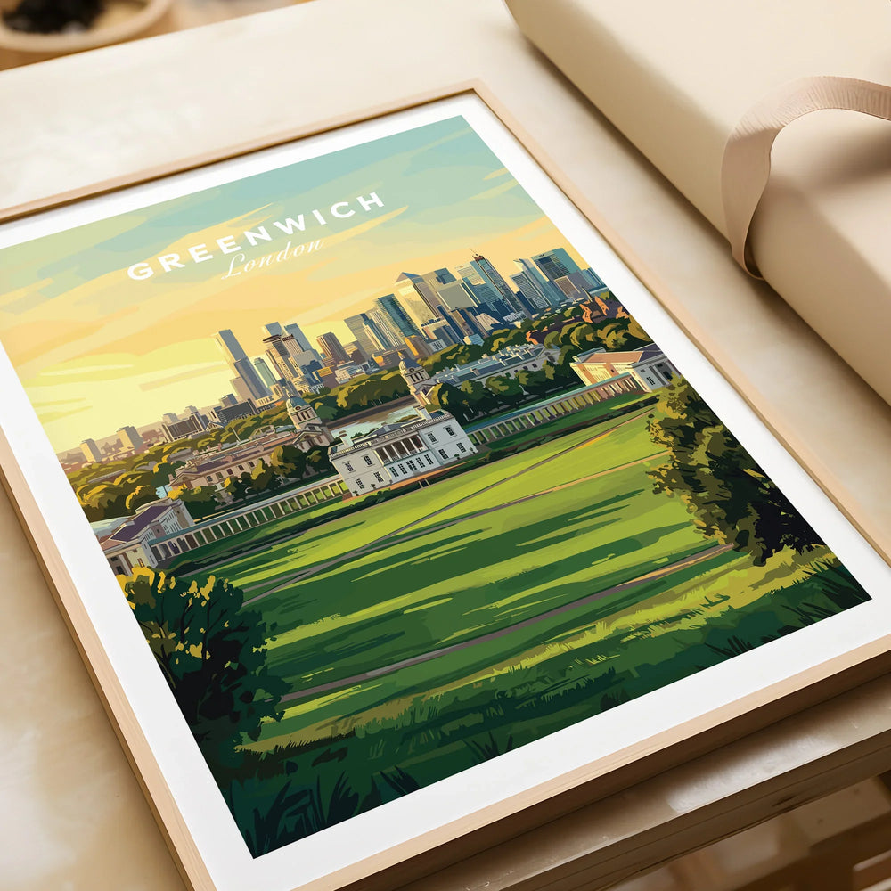 Framed Greenwich London art print closeup, featuring skyline and green park landscape
