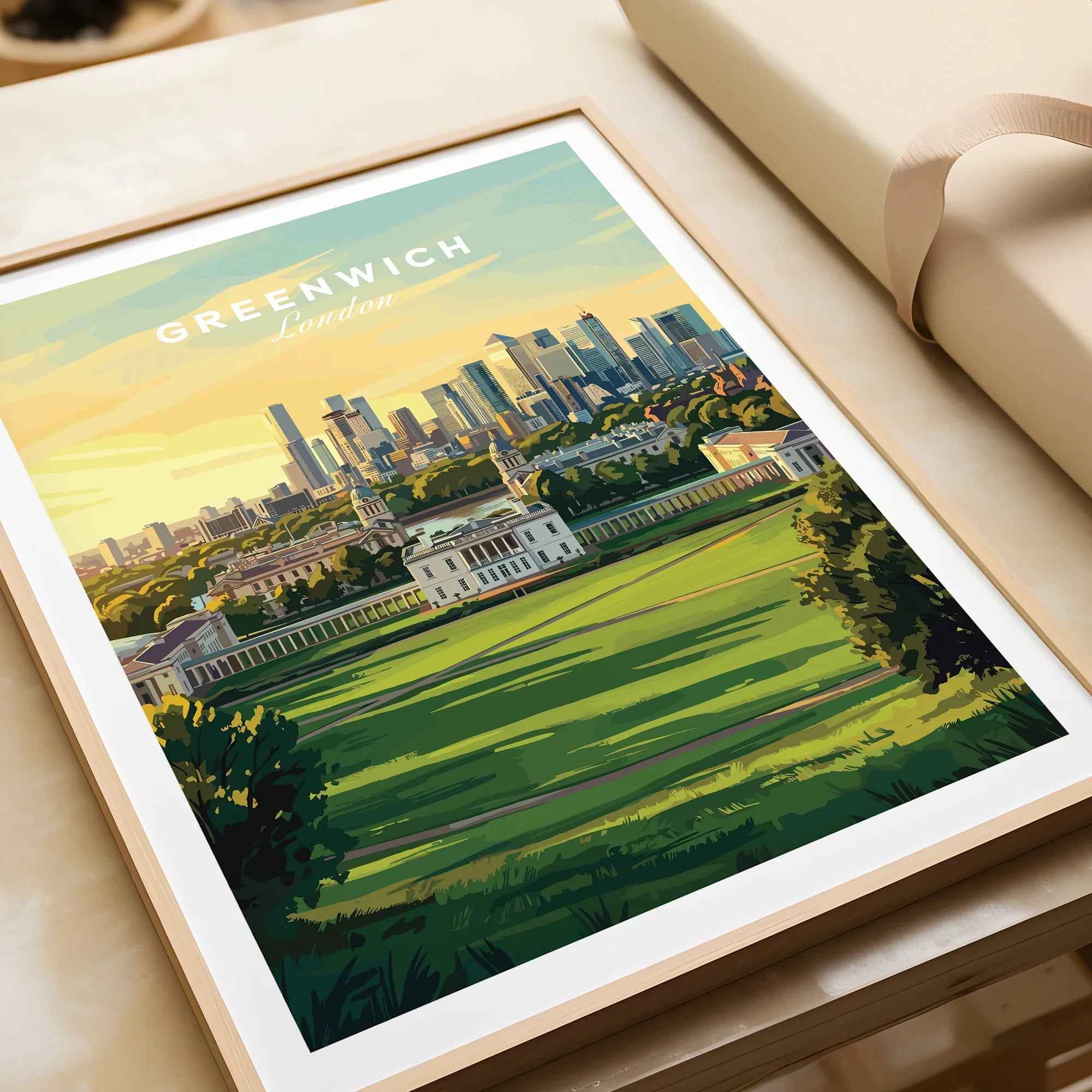Framed Greenwich London art print closeup, featuring skyline and green park landscape