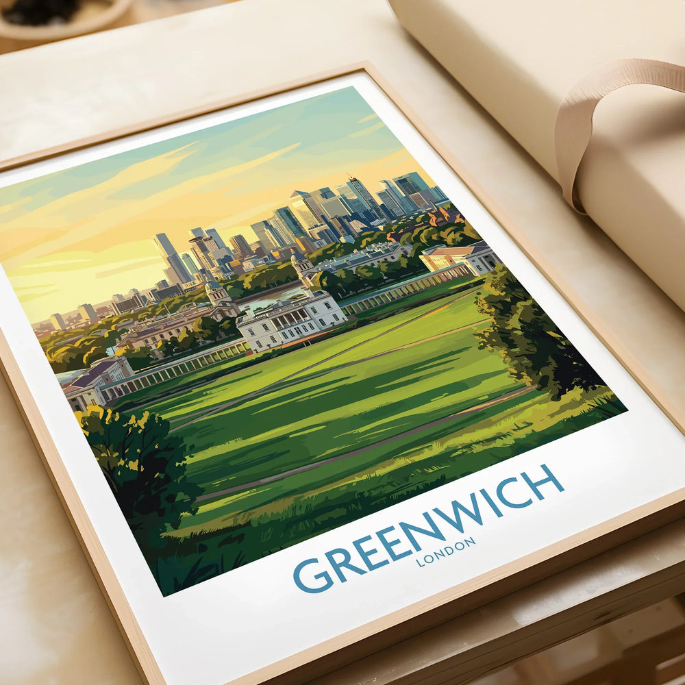 Framed art print of Greenwich London skyline and park, unwrapped as a gift on table