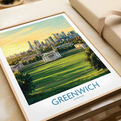 Framed art print of Greenwich London skyline and park, unwrapped as a gift on table