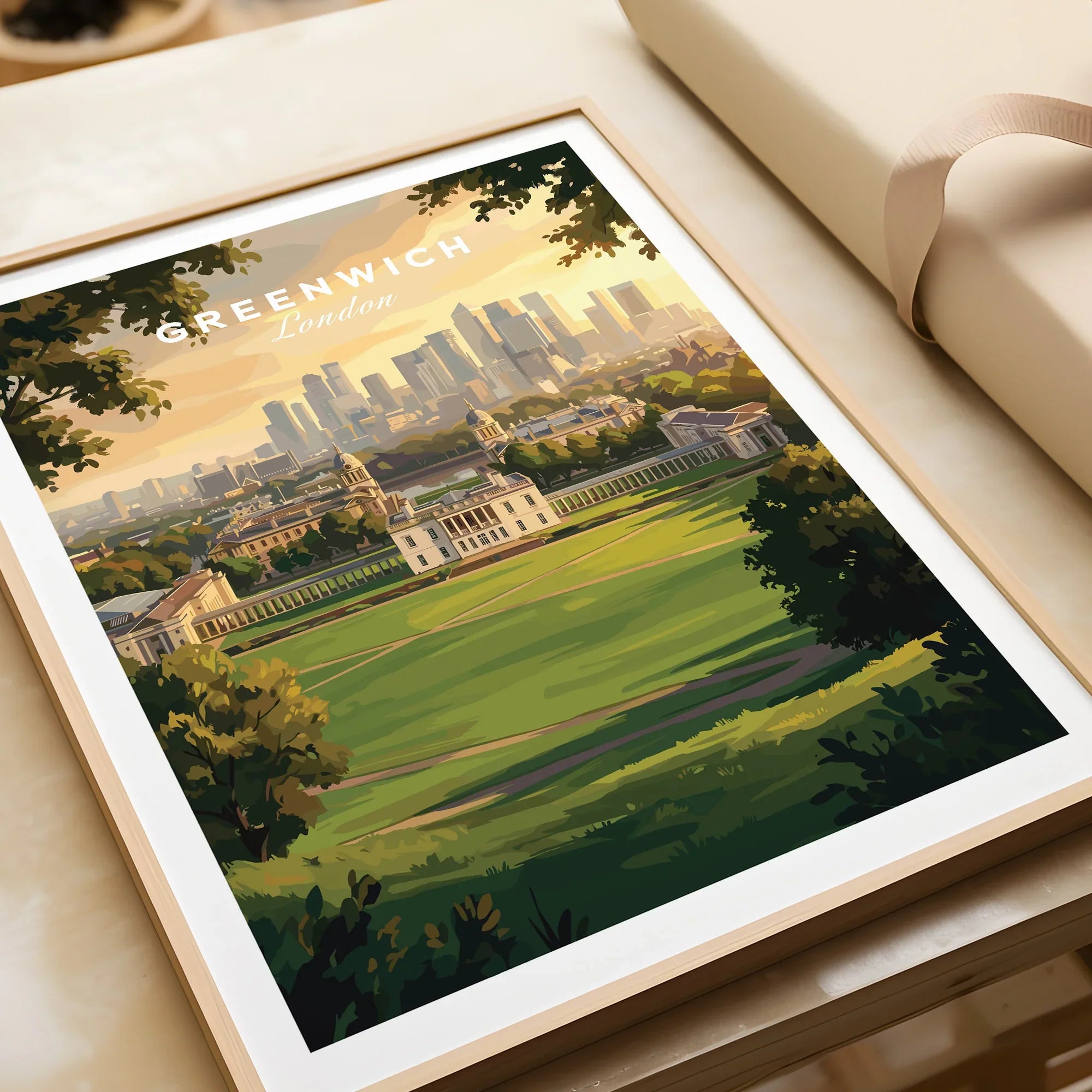Framed Greenwich London art print with skyline, park, and historic buildings, unwrapped gift