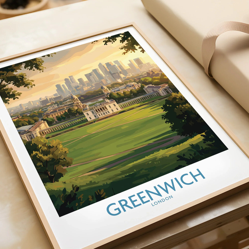 Greenwich London framed art print closeup, cityscape wall art with scenic park and skyline