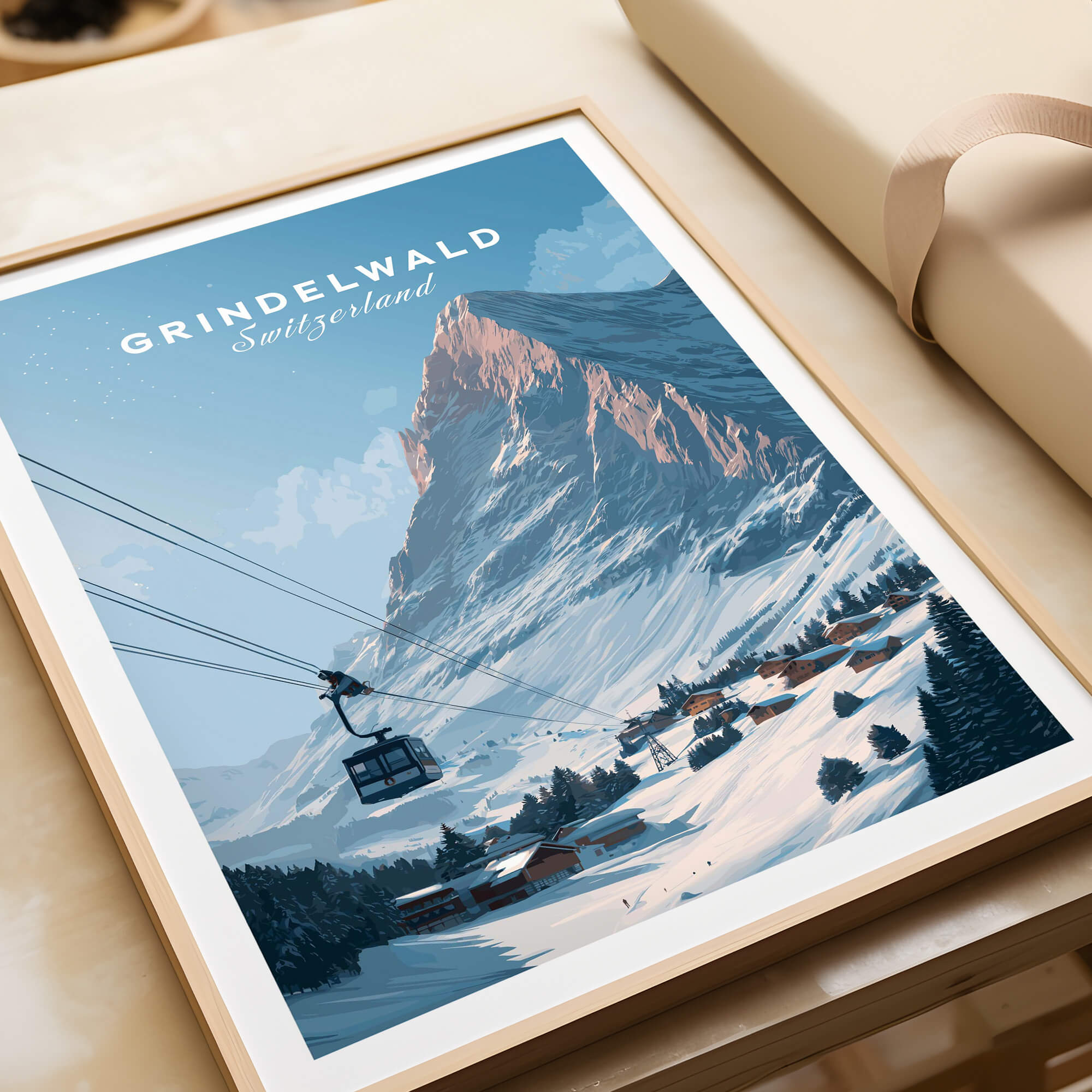Grindelwald Switzerland Wall Art Print | Alpine Cable Car Travel Posters showcasing a cable car amidst stunning mountain scenery.