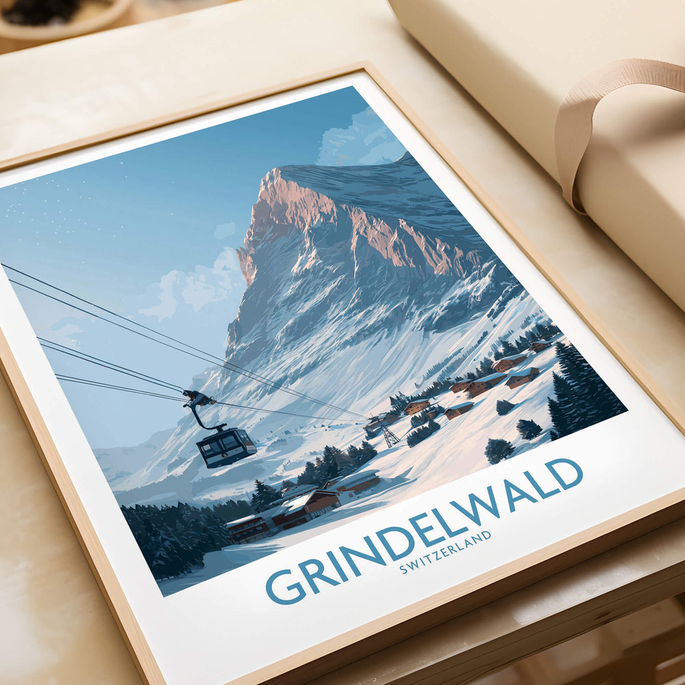 Grindelwald Switzerland Poster | Snowy Alps Mountain Scene Canvas Print featuring a ski lift and picturesque alpine landscape.
