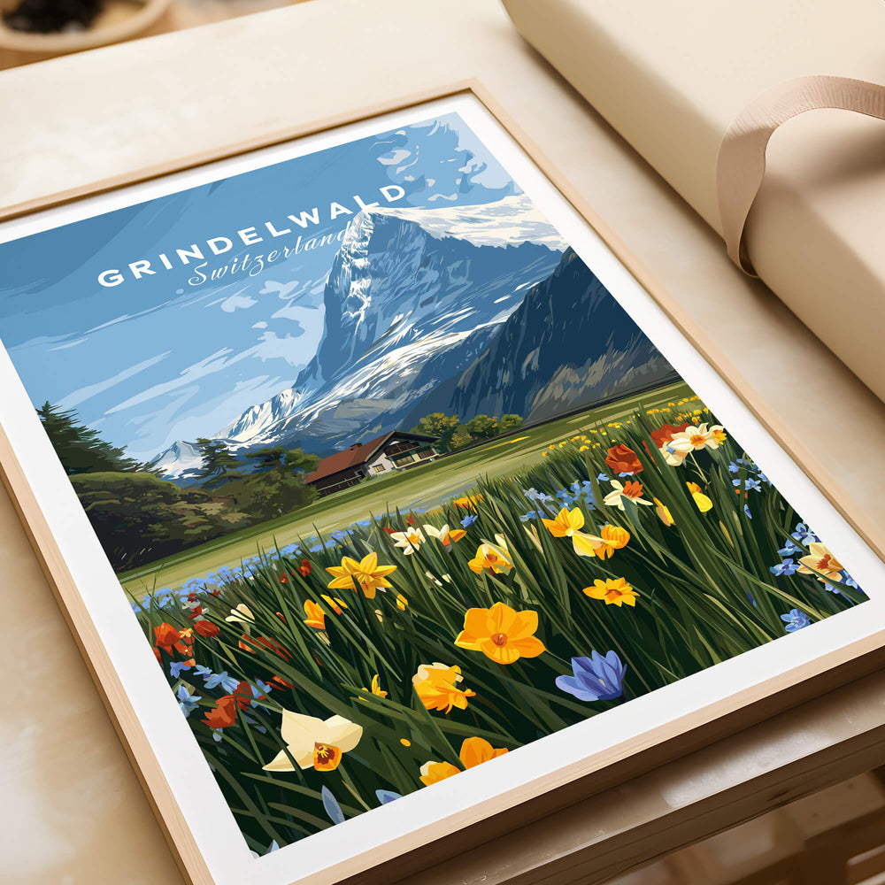 Grindelwald Switzerland Travel Poster | Alpine Wildflower Meadow Wall Art Print featuring vibrant wildflowers and mountain scenery