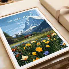 Grindelwald Switzerland Travel Poster | Alpine Wildflower Meadow Wall Art Print featuring vibrant wildflowers and mountain scenery