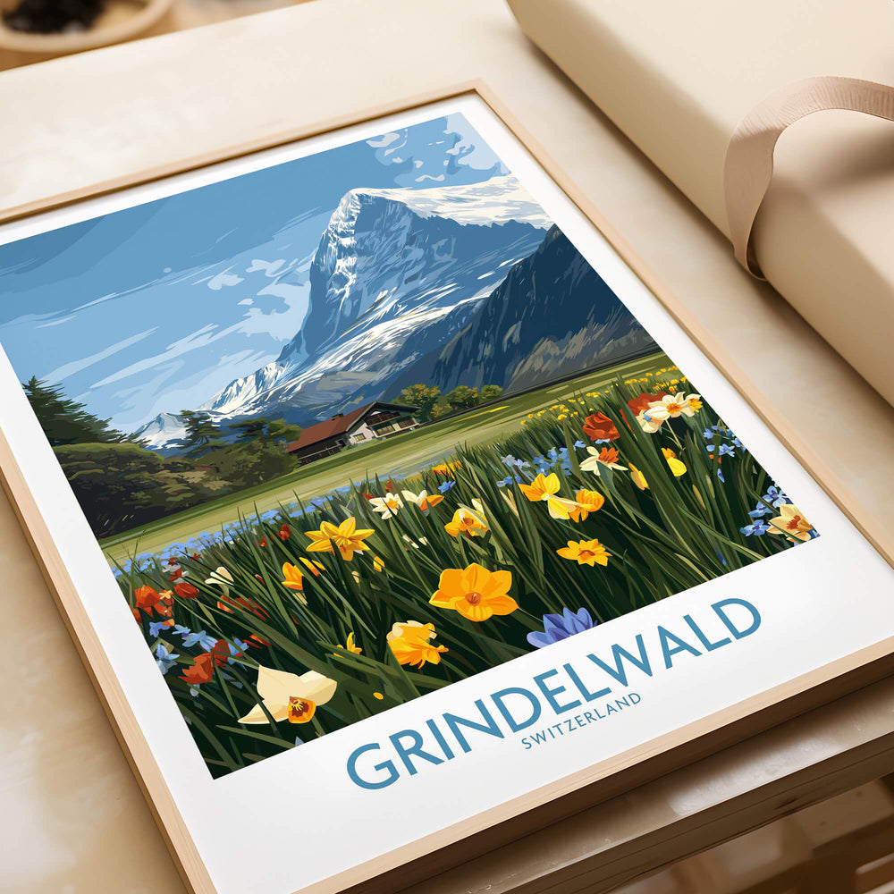Grindelwald Switzerland Canvas Print | Scenic Swiss Village Landscape Poster featuring vibrant flowers and majestic mountains.