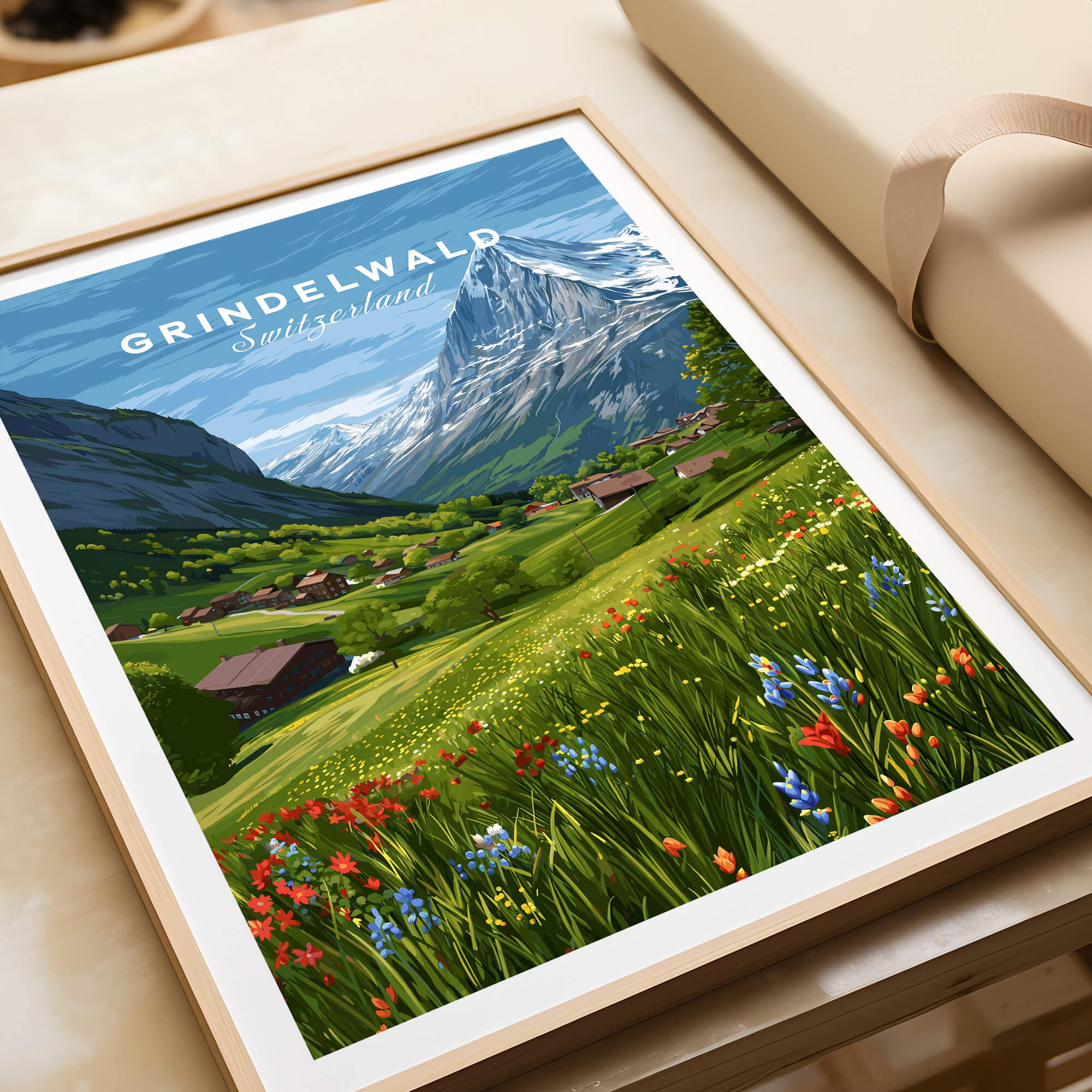 Grindelwald Switzerland Wall Art Print | Summer Alps Nature Travel Posters showcasing vibrant flowers and majestic mountains.