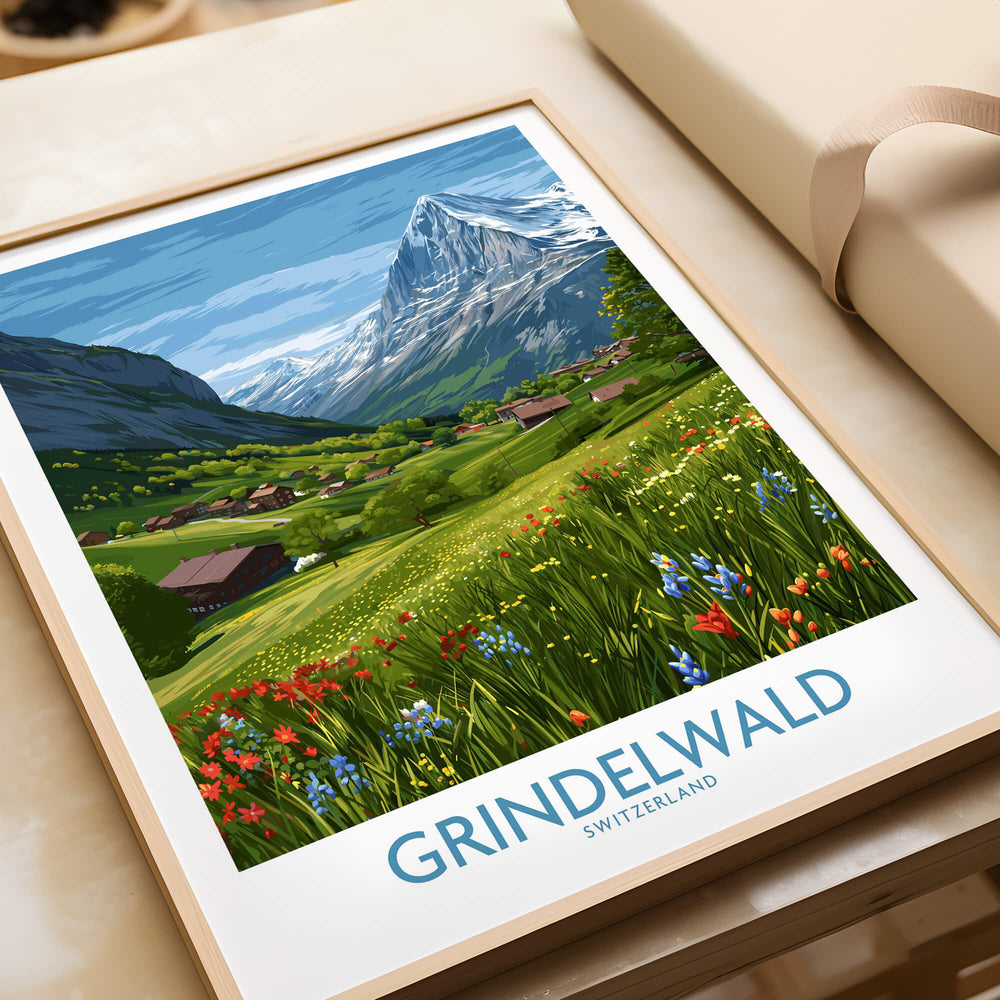 Grindelwald Switzerland Posters | Lush Green Mountain Valley Canvas Print featuring vibrant wildflowers and majestic peaks.