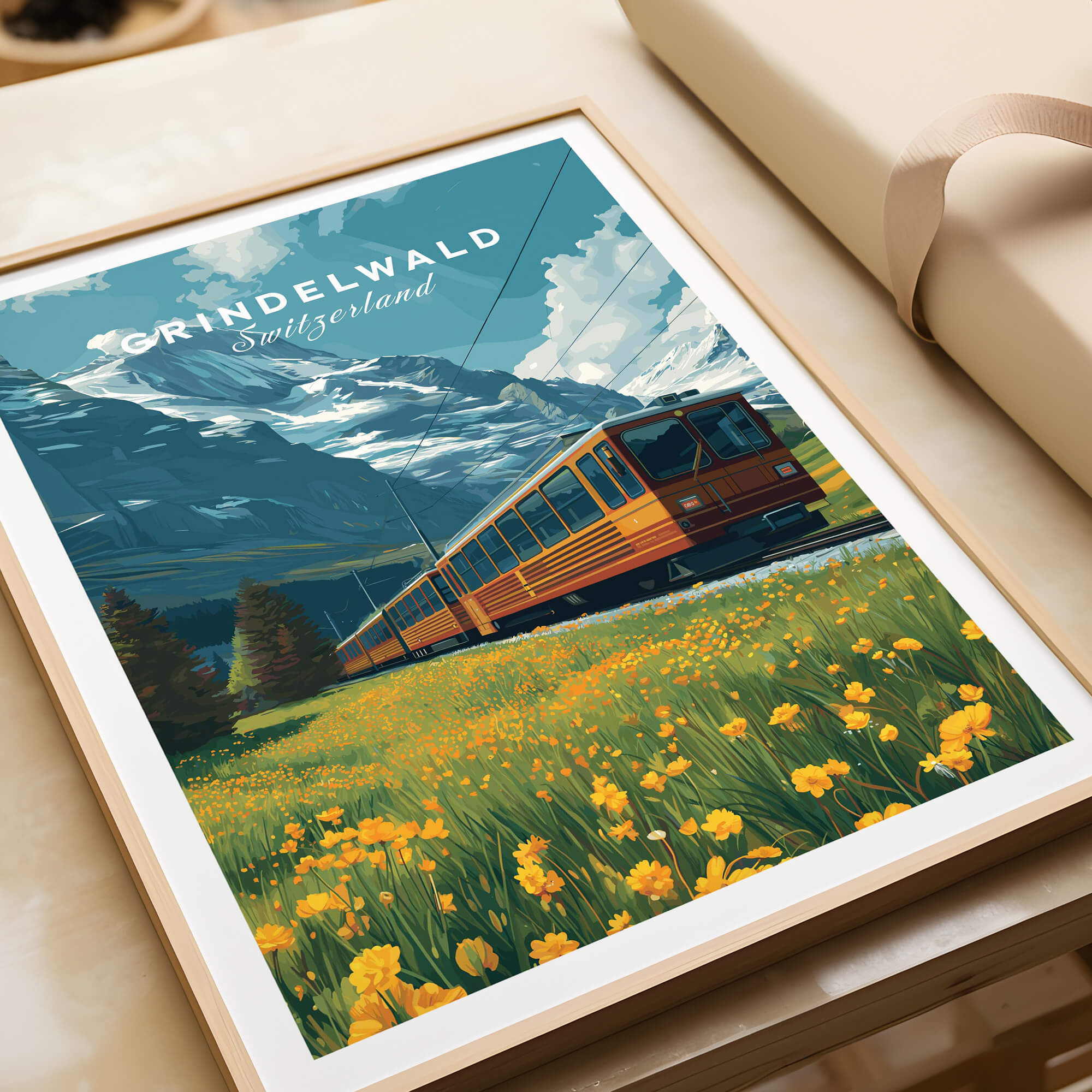 Grindelwald Switzerland Travel Poster | Iconic Mountain Railway Wall Art Print showcasing a scenic train among alpine flowers.