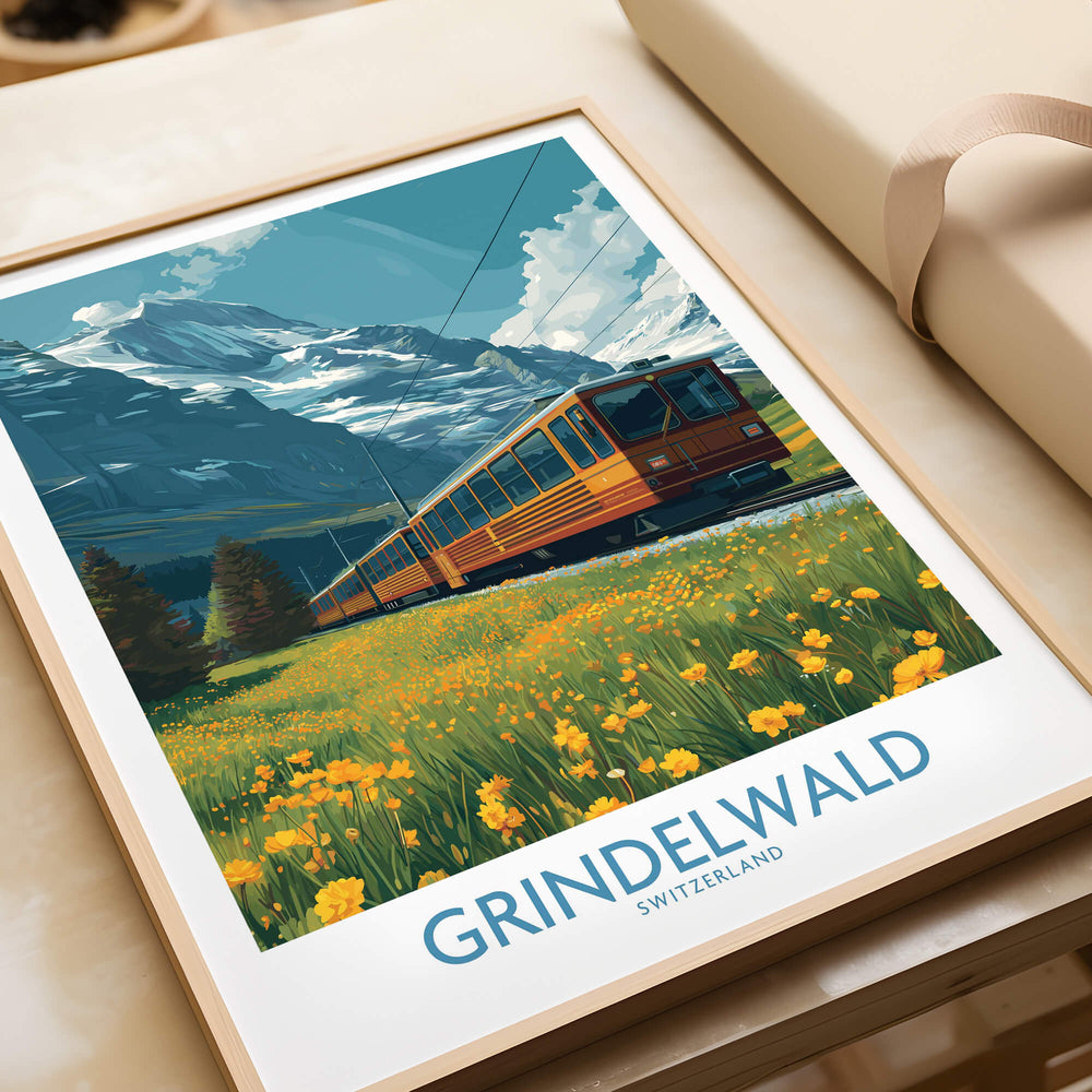 Grindelwald Switzerland Canvas Print | Swiss Alps Train Railway Scene Poster featuring a picturesque train in a vibrant alpine landscape.