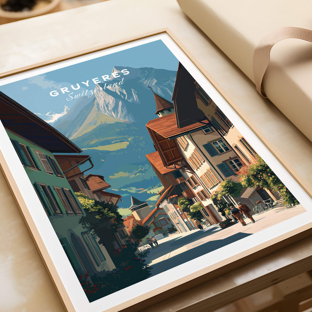 Gruyères Switzerland Wall Art Print | Medieval Village Street Travel Poster featuring a picturesque Alpine scene.
