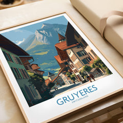 Gruyères Switzerland Poster | Historic European Town Architecture Canvas Print showcasing picturesque streets and mountains.