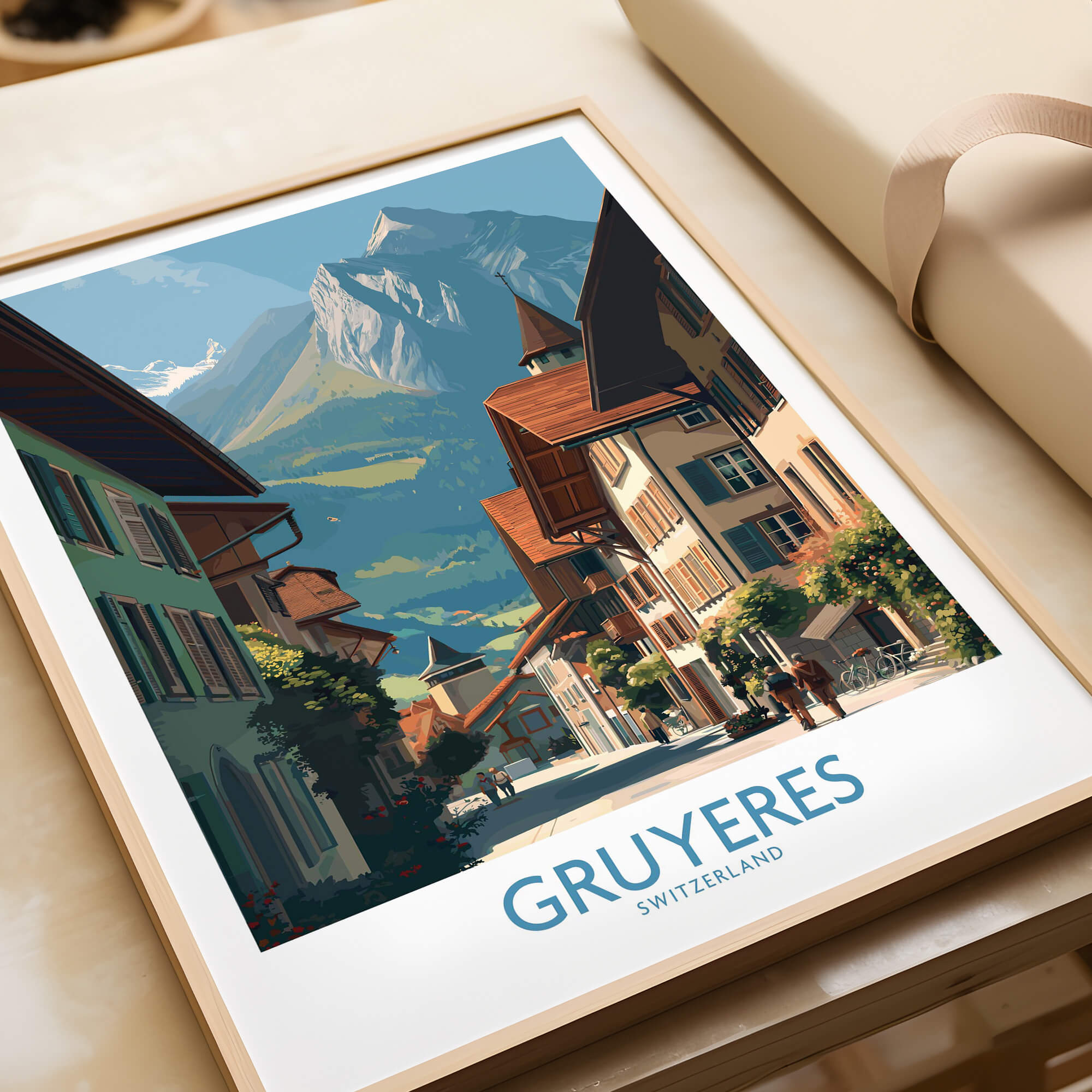 Gruyères Switzerland Poster | Historic European Town Architecture Canvas Print showcasing picturesque streets and mountains.
