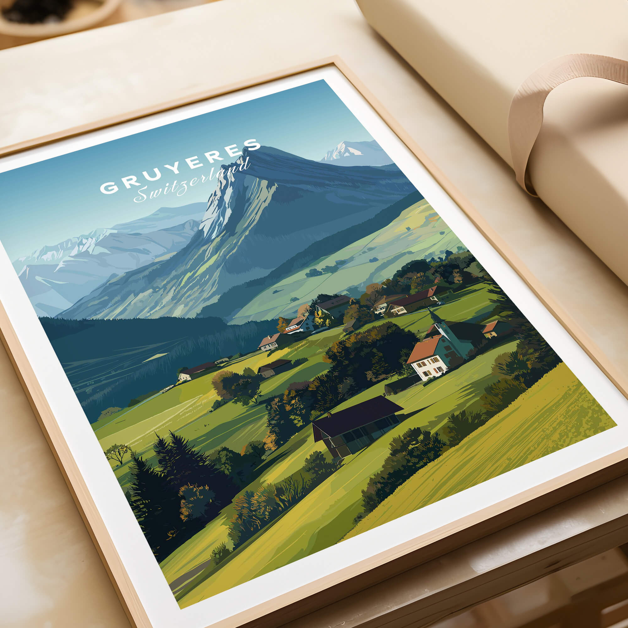 Gruyères Switzerland Travel Poster | Mountain Landscape Wall Art Print featuring scenic alpine views and vibrant countryside.