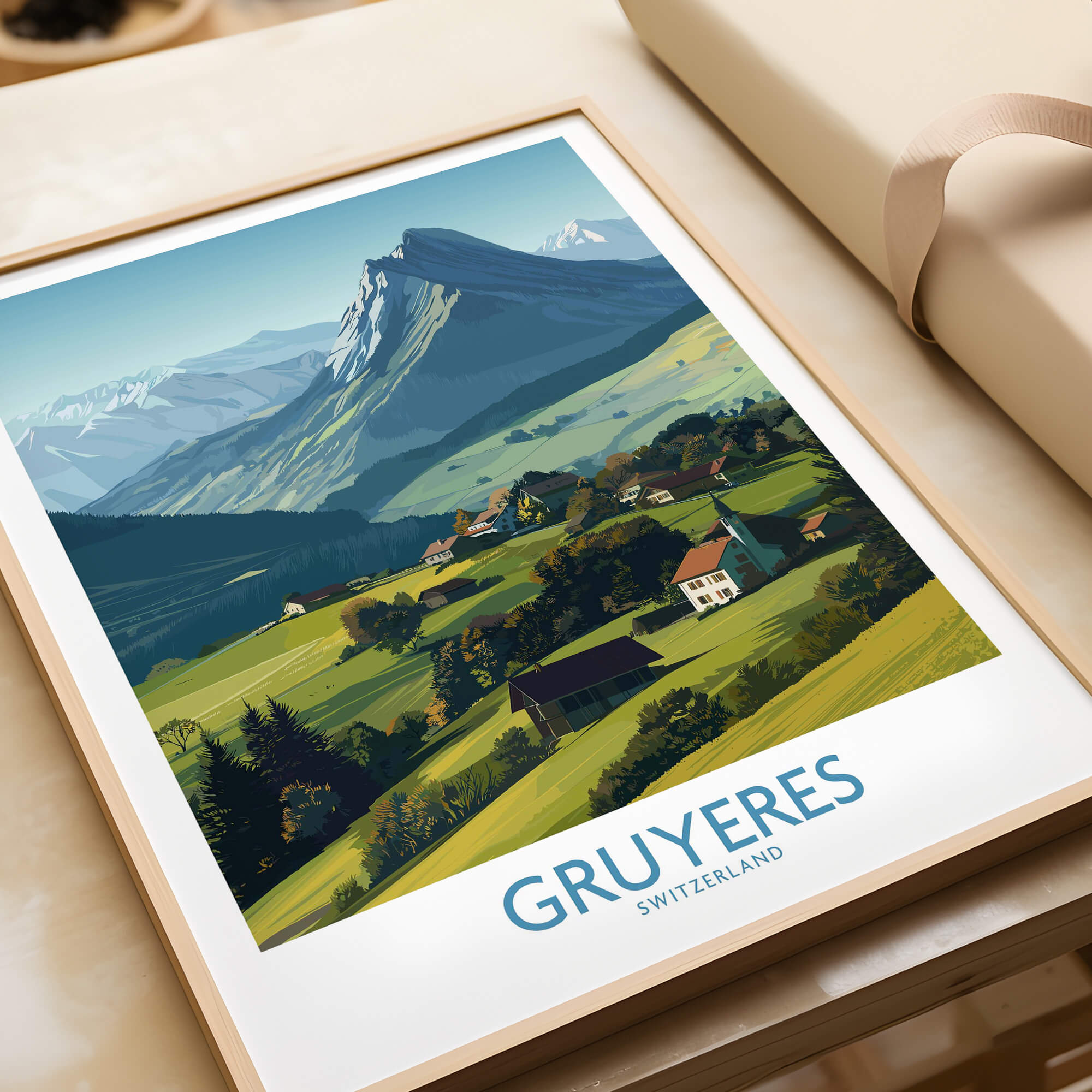 Gruyères Switzerland Canvas Print | Charming Swiss Countryside Scenery Poster featuring rolling hills and Alpine peaks.