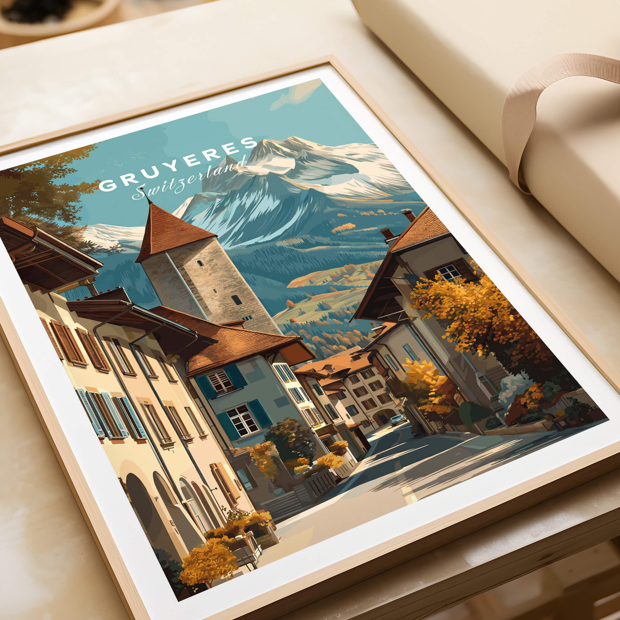 Gruyères Switzerland Wall Art Print | Swiss Travel Poster featuring alpine scenery and medieval village charm.