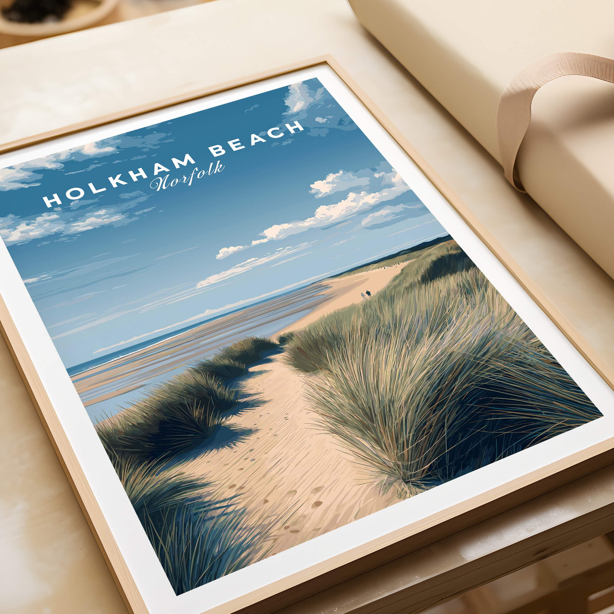 Holkham Beach Norfolk Wall Art Print | Coastal Sand Dunes Travel Poster featuring serene sand dunes and coastline.