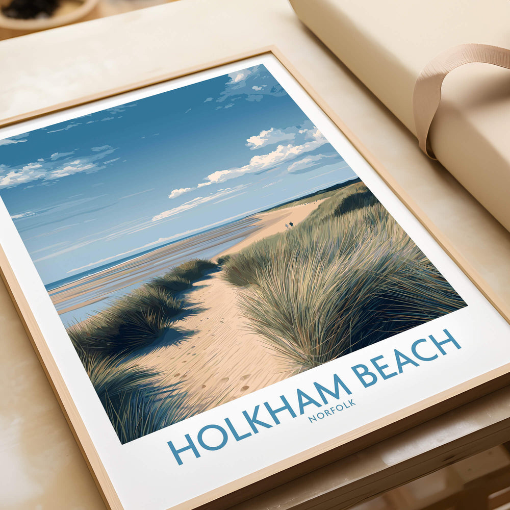Holkham Beach Norfolk Poster | North Norfolk Shoreline Nature Canvas Print featuring golden sands and coastal grass.